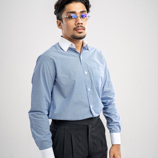 Premium White Collar Cuff Formal Shirt – Blue Striped