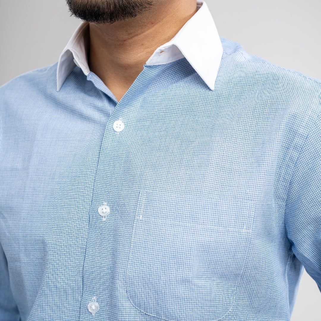 Premium White Collar Cuff Formal Shirt – Blue Box Striped