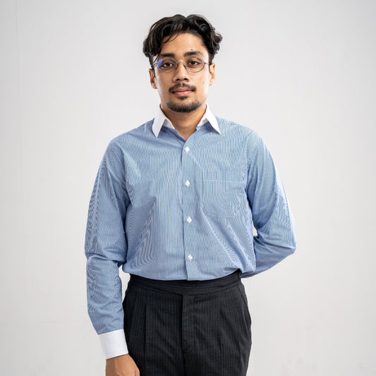 Premium White Collar Cuff Formal Shirt – Blue Striped